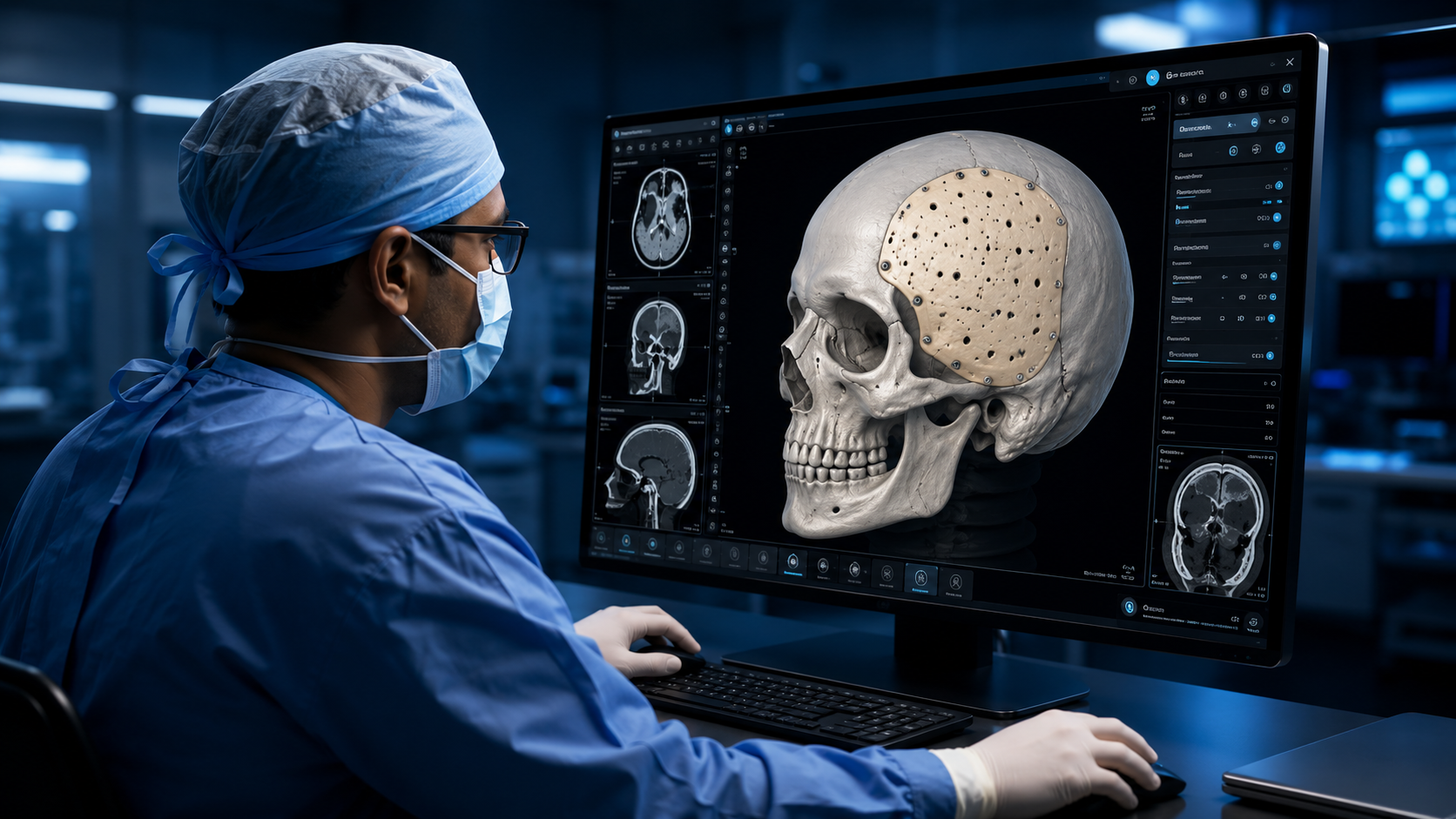Surgeon reviewing a 3D skull model on screen